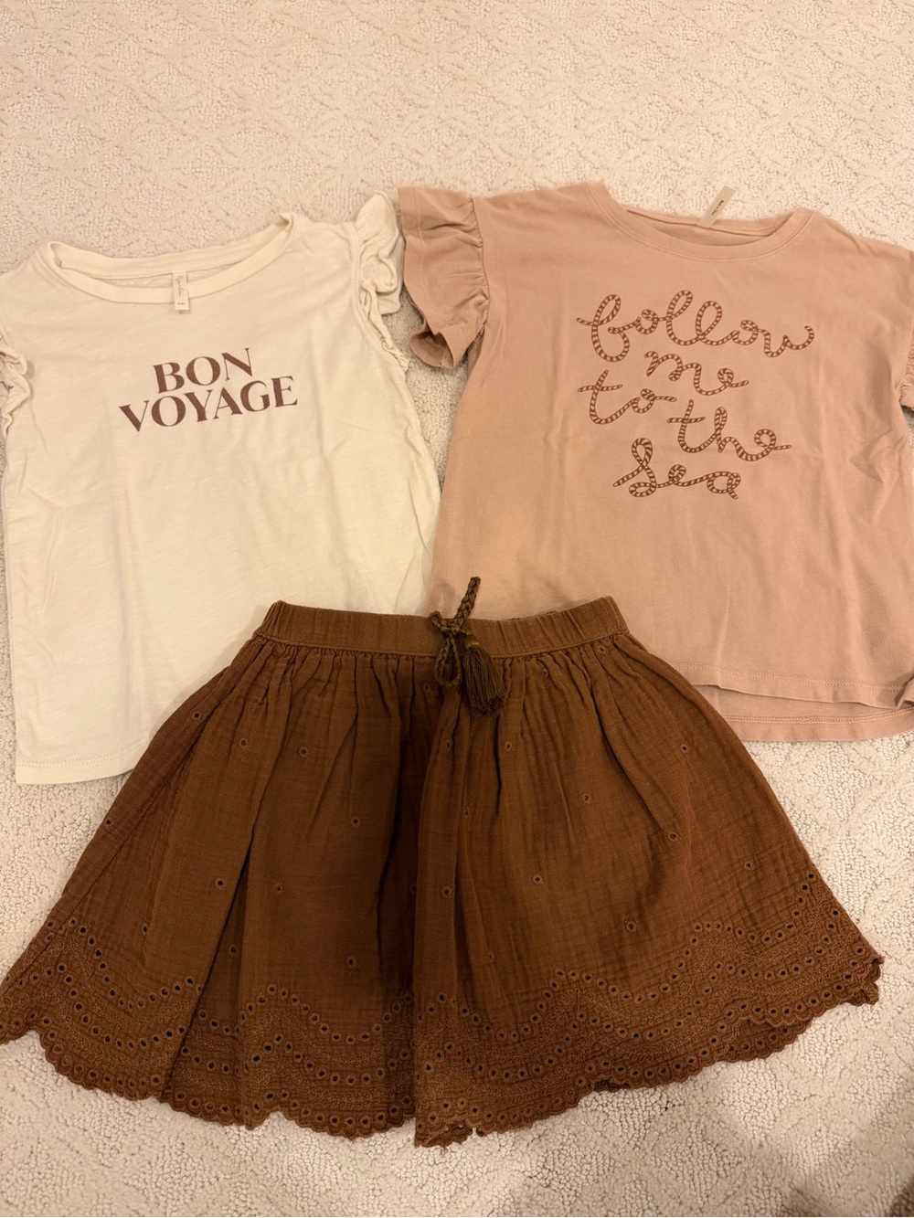 Rylee + Cru Brown Eyelet Cotton Skirti and 2 Tops